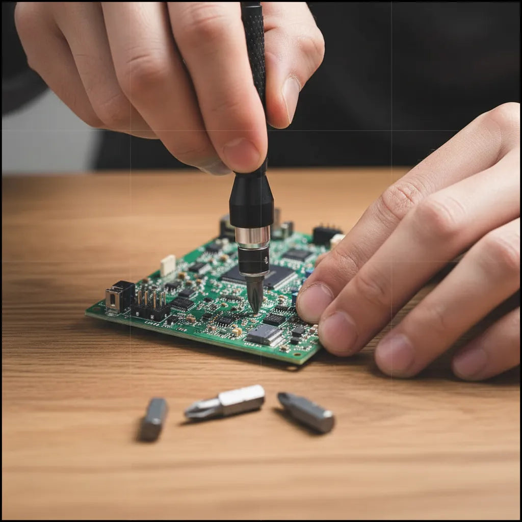 Homme réparant circuit imprime clé à cliquet embouts tournevis