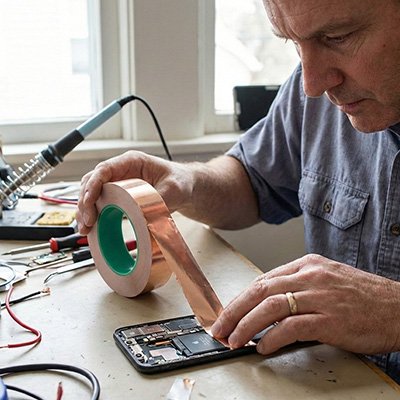 Homme réparant électronique avec ruban adhésif en cuivre