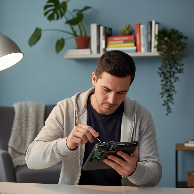 Homme réparant tablette chez lui avec cles allen