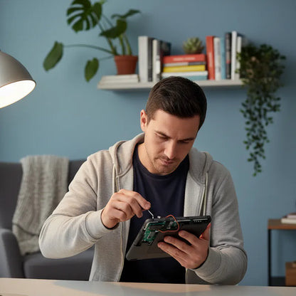 Homme réparant tablette chez lui avec cles allen