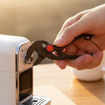 Homme répare cafetière avec mini pince multiprise