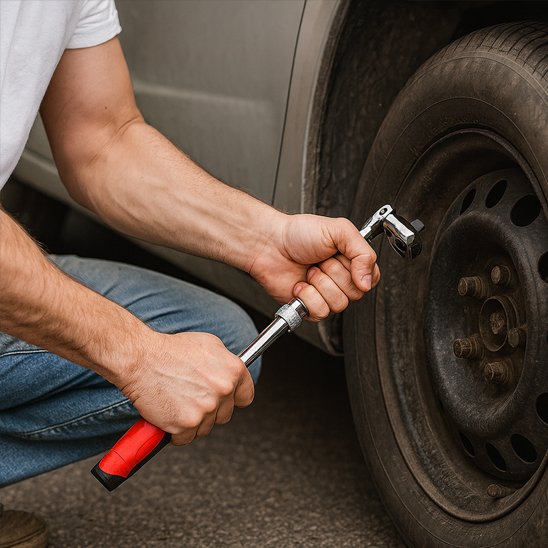 Homme répare crevaison avec clé à cliquet