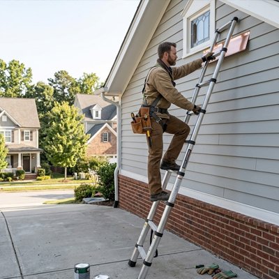 Homme répare fenêtre sur echelle telescopique