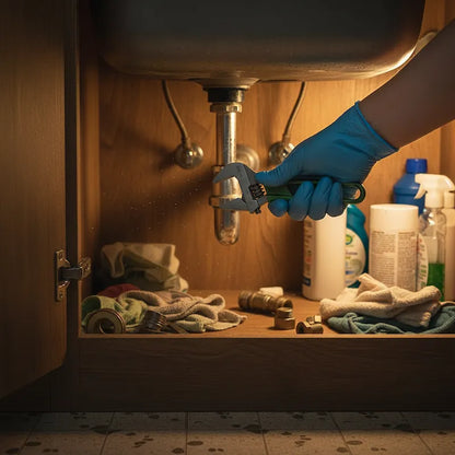 Homme répare fuite avec clé à molette grande ouverture