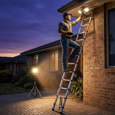 Homme répare lumière extérieure sur echelle telescopique