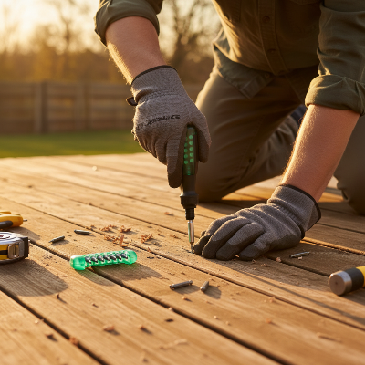 Homme répare planche terrasse avec tournevis multi embouts