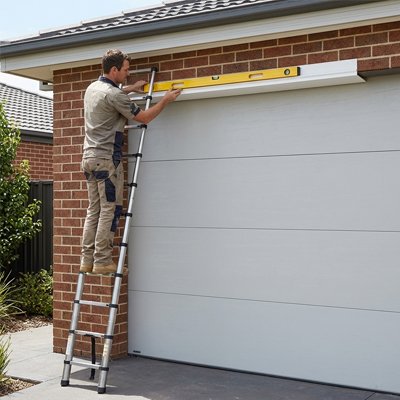 Homme répare porte garage sur echelle telescopique