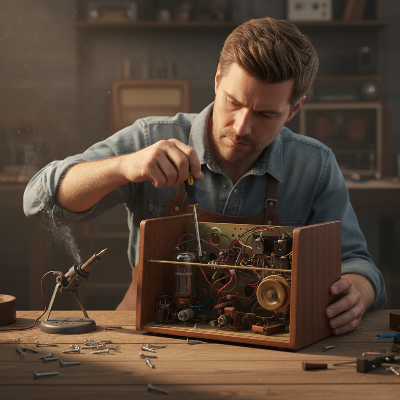 Homme répare radio vintage avec tournevis plat