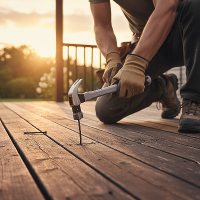 Homme répare terrasse avec marteau de menuisier