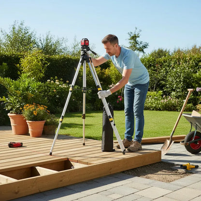 Homme répare terrasse avec trépied pour niveau laser