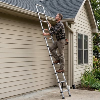 Homme répare toiture sur echelle telescopique