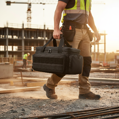 Homme se déplace avec sac à outils noir sur chantier