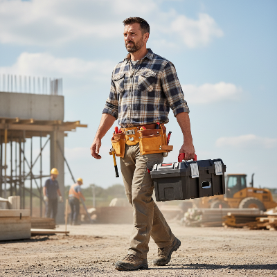 Homme sur chantier se déplace avec caisse a outils