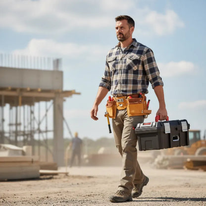 Homme sur chantier se déplace avec caisse à outils