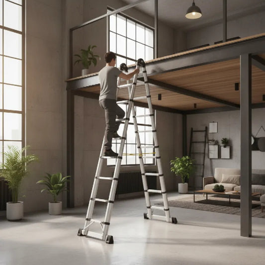 Homme sur échelle télescopique en loft industriel