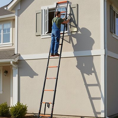 Homme sur échelle télescopique pour réparer fenêtre 