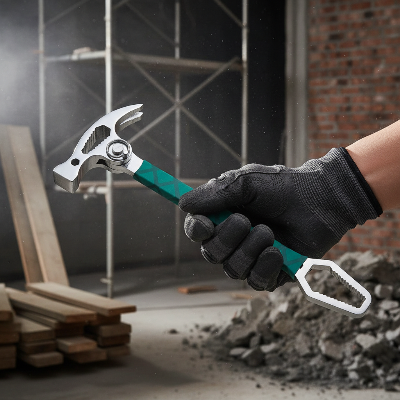 Homme tient marteau multifonction sur chantier