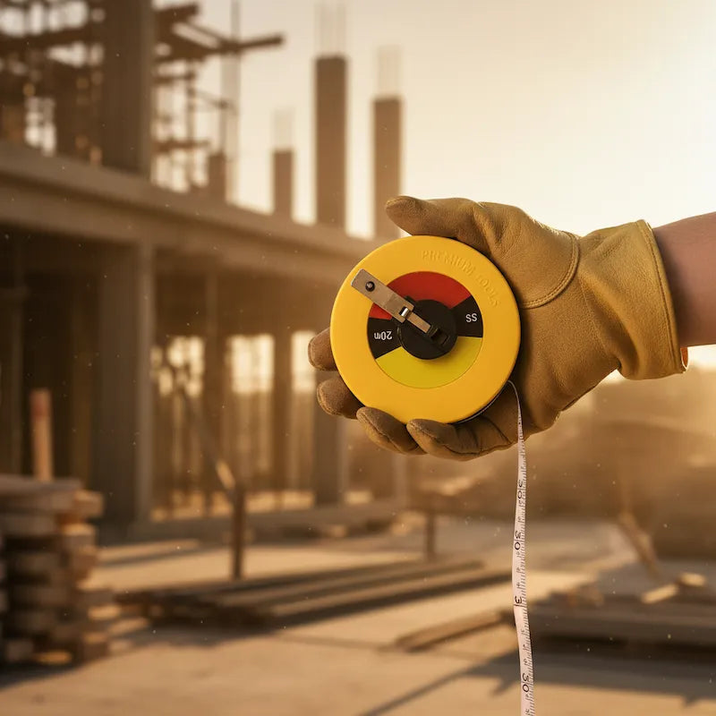 Homme tient mètre ruban sur chantier