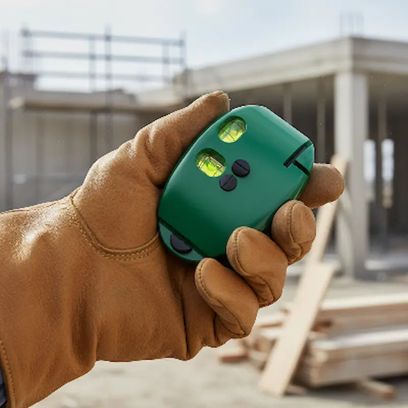 Homme tient niveau laser à bulle sur chantier