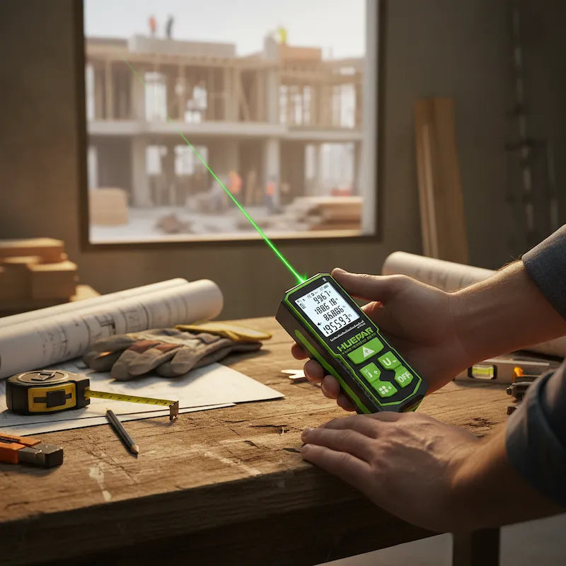 Homme tient telemetre dans atelier laser vert