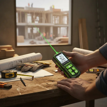 Homme tient telemetre dans atelier laser vert
