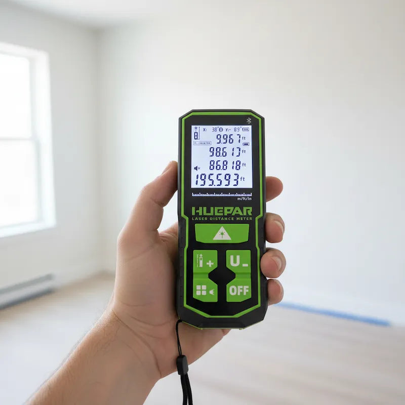 Homme tient telemetre pour mesurer murs appartement