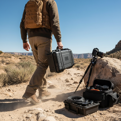 Homme transporte boite à outils dans désert