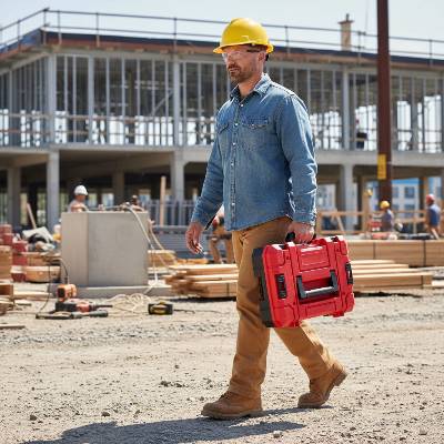 Homme transporte caisse a outils sur chantier construction