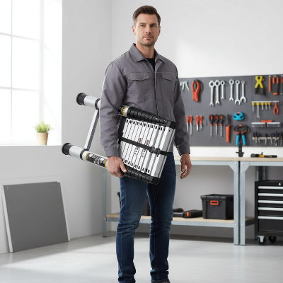 Homme transporte echelle telescopique dans son atelier