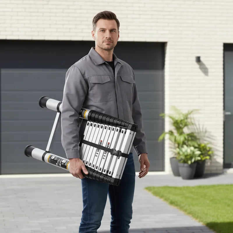 Homme transporte echelle telescopique devant maison