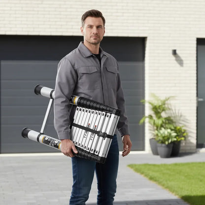 Homme transporte echelle telescopique devant maison