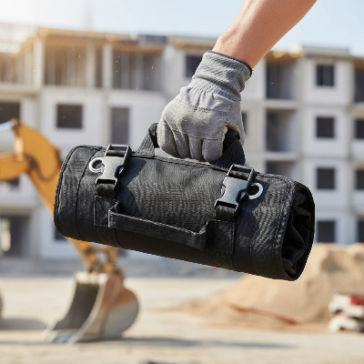 Homme transporte sac a outils noir sur chantier
