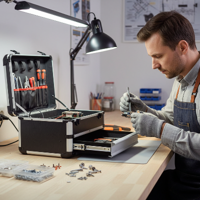 Homme travaillant avec sa boite à outils