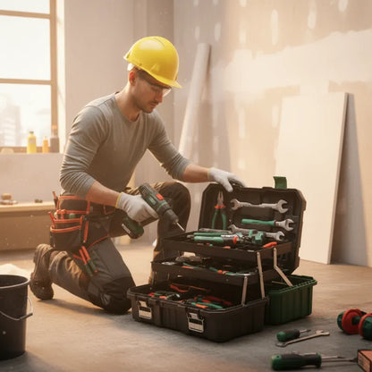 Homme travailleuse de la rénovation avec sa boite a outils