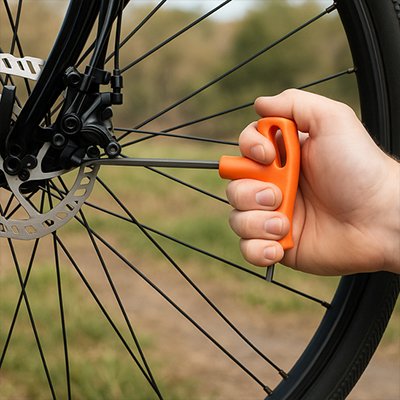 homme utilisant cle allen pour ajuster roue velo