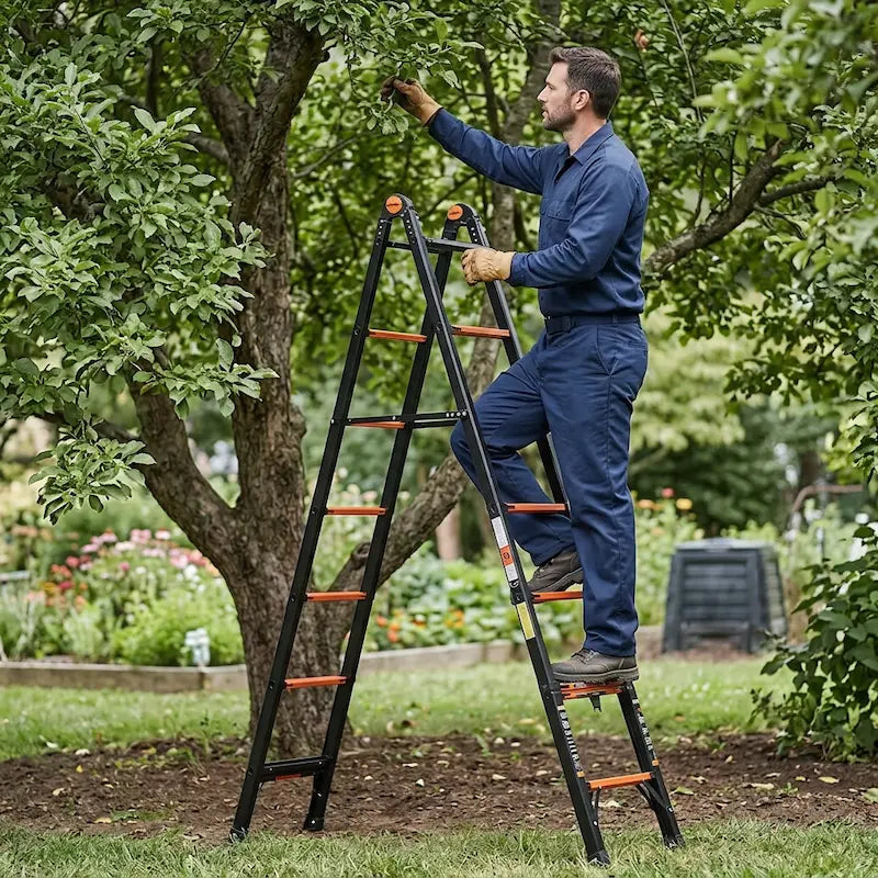 Homme utilisant échelle télescopique pour atteindre branche arbre