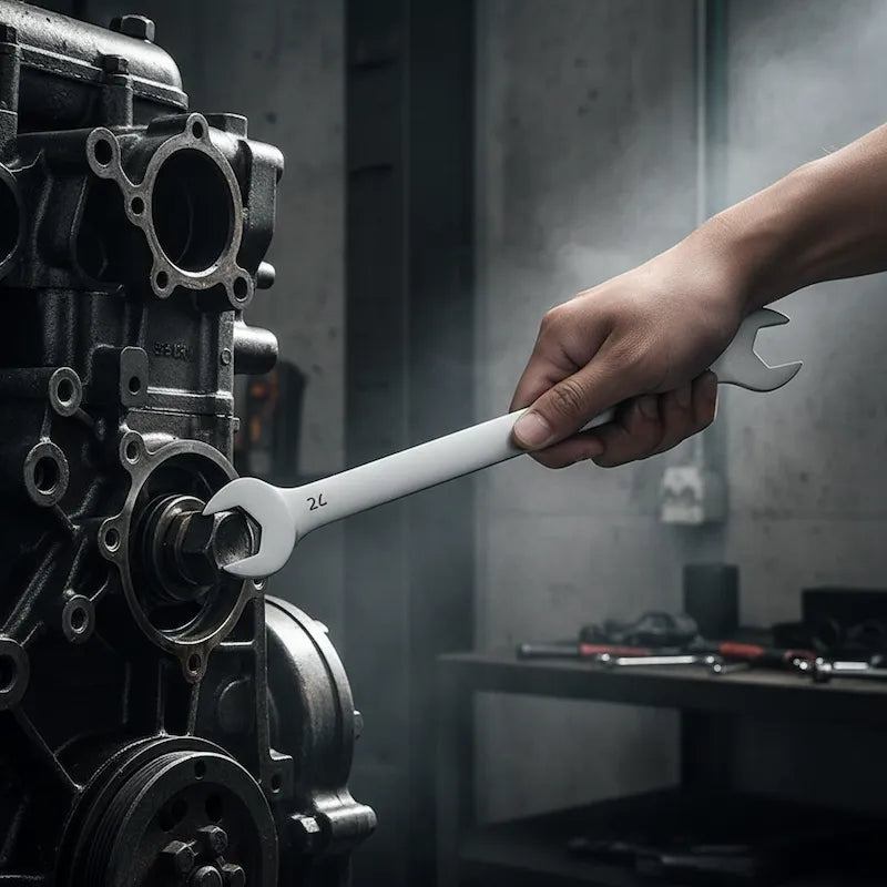 Homme utilisant jeu de clés plates pour ajuster boulon moteur