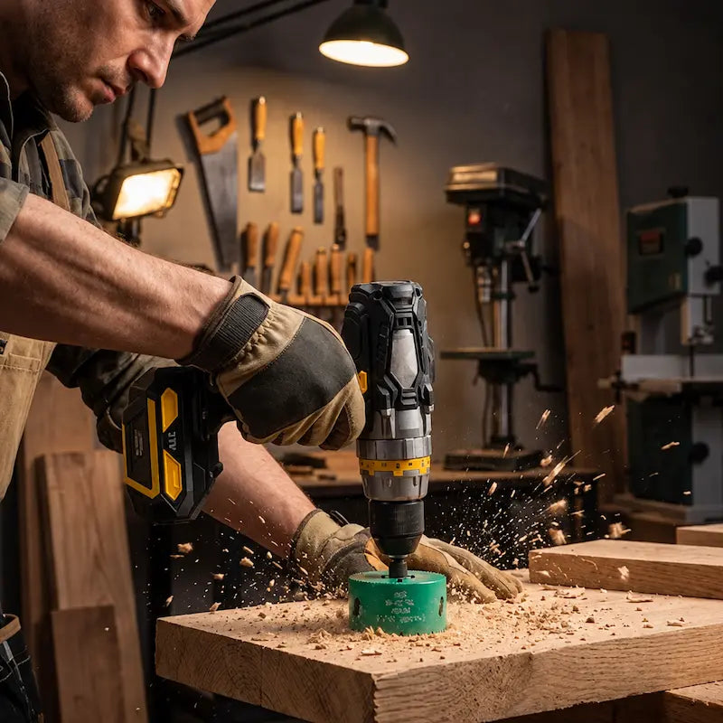 Homme utilisant scie cloche bois verte dans atelier