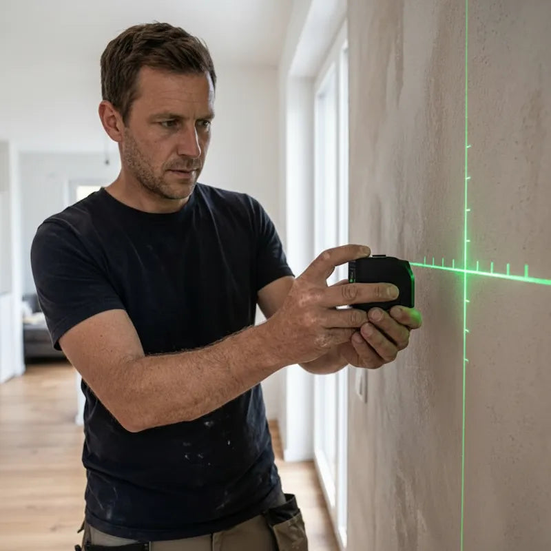 Homme utilisant un niveau laser en croix vert