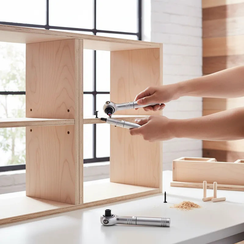 Homme utilise clé à cliquet pour assembler meuble