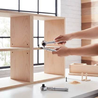 Homme utilise clé à cliquet pour assembler meuble