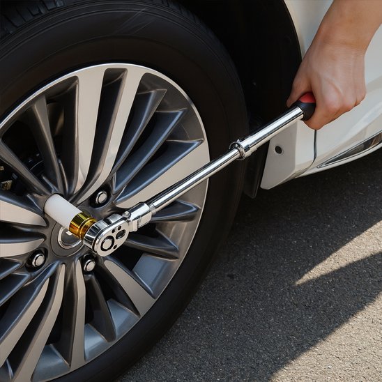 Homme utilise clé à cliquet pour installer pneus