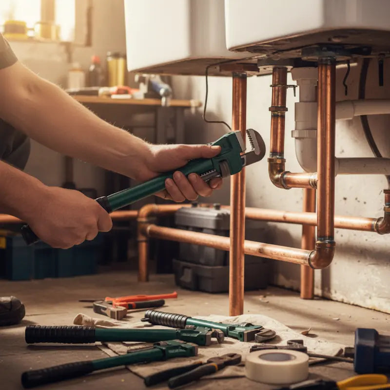 Homme utilise clé a griffe pour réparer plomberie