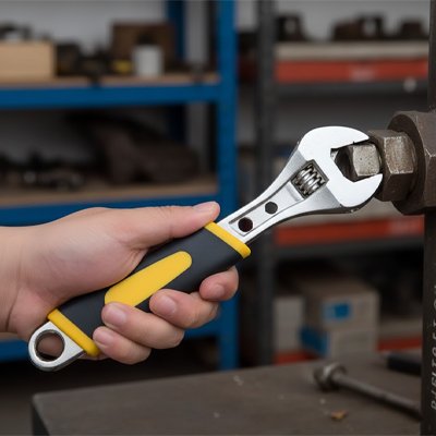 Homme utilise clé à molette ajustable pour tuyau plomberie