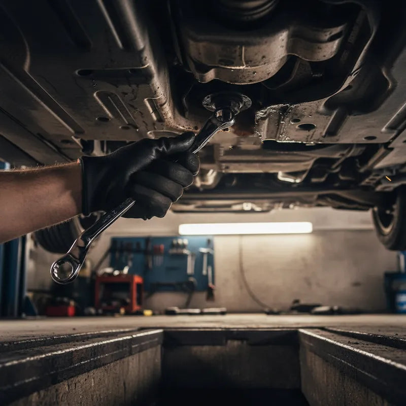 Homme utilise clé plate coudée pour réparer voiture