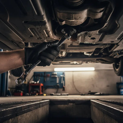 Homme utilise clé plate coudée pour réparer voiture