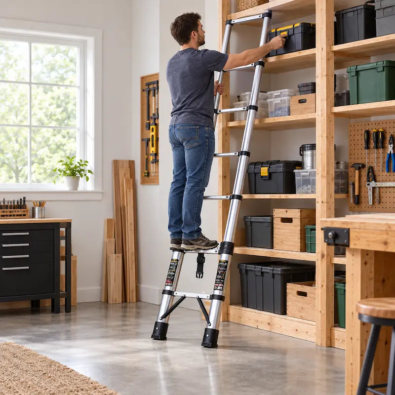 Homme utilise echelle telescopique aluminium pour étagère haute
