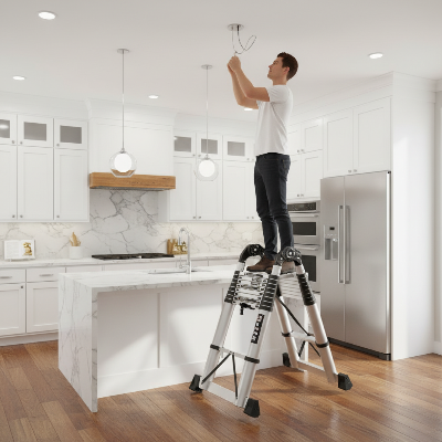Homme utilise échelle télescopique pour changer plafonnier