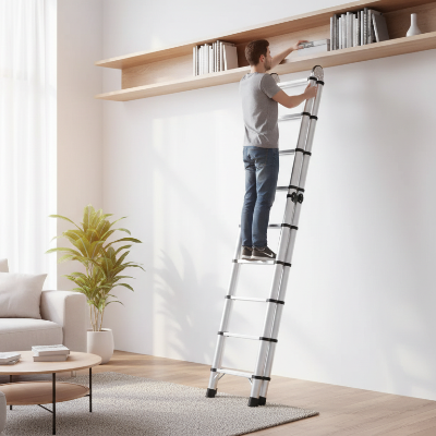 Homme utilise echelle telescopique pour organiser livres haut bibliothèque