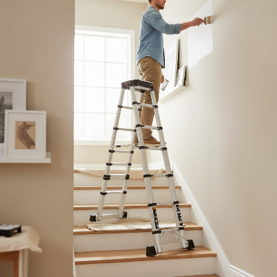 Homme utilise échelle télescopique sur niveaux variés dans escalier